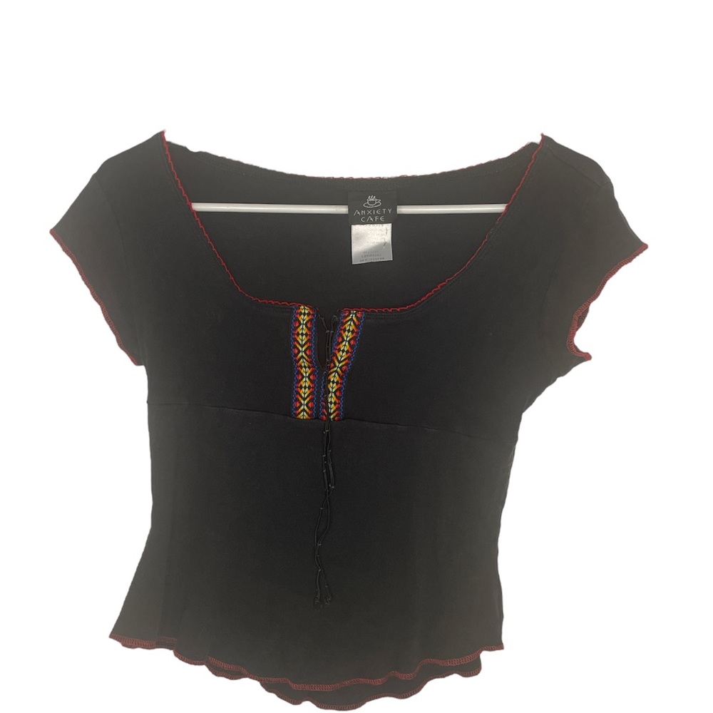 (Size M) Vintage Anxiety Cafe V-Neck Top Black with Pattern